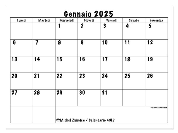 Calendario gennaio 2025 “48”. Orario da stampare gratuito.. Da lunedì a domenica