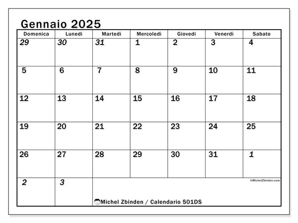 Calendario gennaio 2025 “501”. Calendario da stampare gratuito.. Da domenica a sabato