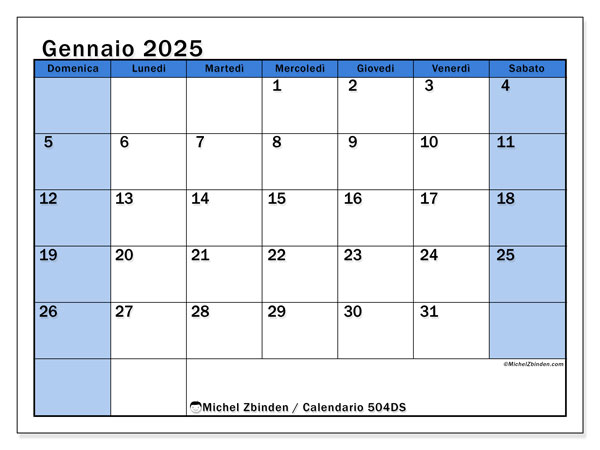 Calendario gennaio 2025 “504”. Programma da stampare gratuito.. Da domenica a sabato
