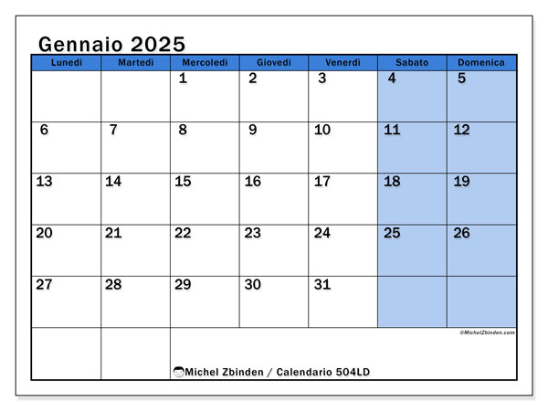 Calendario gennaio 2025 “504”. Programma da stampare gratuito.. Da lunedì a domenica