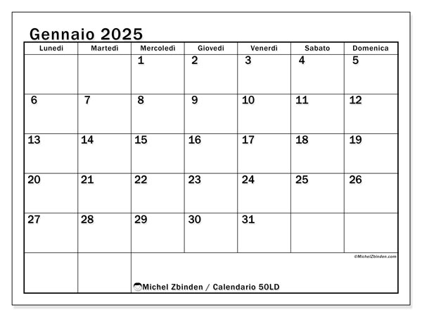 Calendario gennaio 2025 “50”. Orario da stampare gratuito.. Da lunedì a domenica