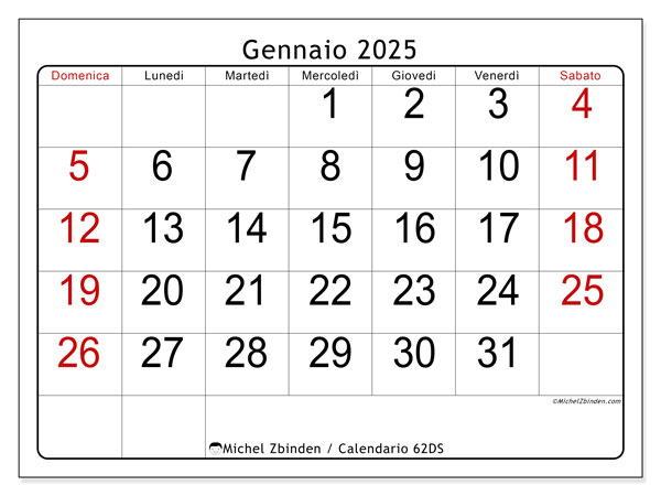Calendario gennaio 2025 “62”. Calendario da stampare gratuito.. Da domenica a sabato