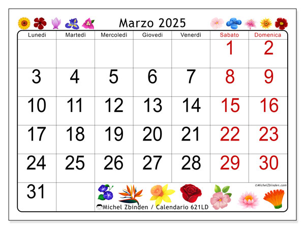 Calendario marzo 2025 “621”. Orario da stampare gratuito.. Da lunedì a domenica