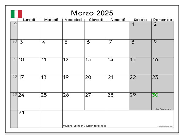 Kalendarz marzec 2025, Włochy (IT). Darmowy kalendarz do druku.