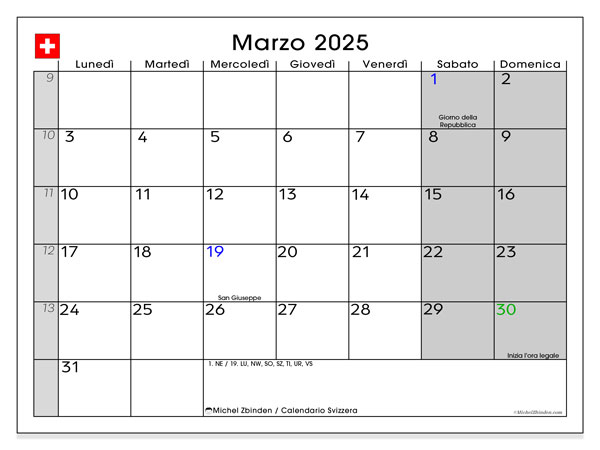 Kalender marts 2025, Schweiz (IT). Gratis kalender til print.