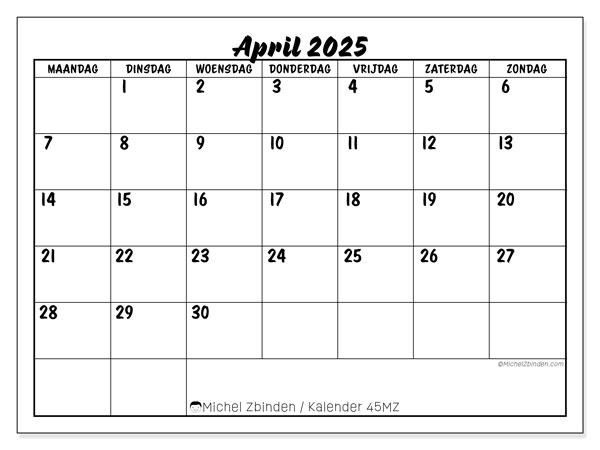 Kalender april 2025, 45ZZ. Gratis af te drukken agenda.