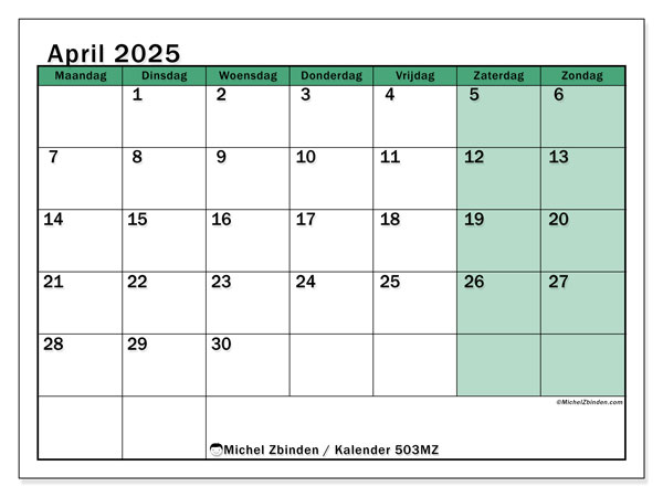Kalender april 2025, 503MZ. Gratis af te drukken agenda.