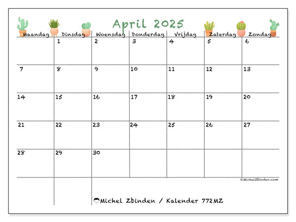 Kalender april 2025, 772MZ. Gratis af te drukken agenda.