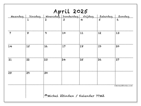 Kalender april 2025, 77MZ. Gratis af te drukken agenda.