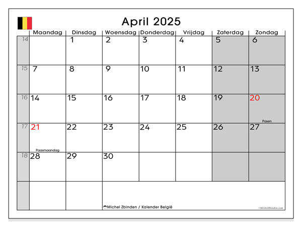 Kalender april 2025 “België”. Gratis printbare kaart.. Maandag tot zondag