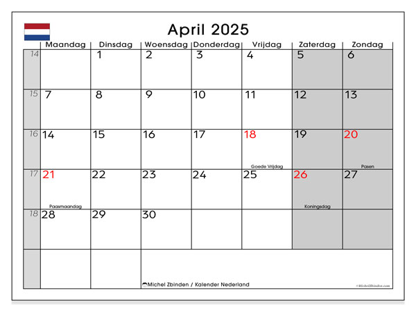 Kalender April 2025, Niederlande (NL). Programm zum Ausdrucken kostenlos.