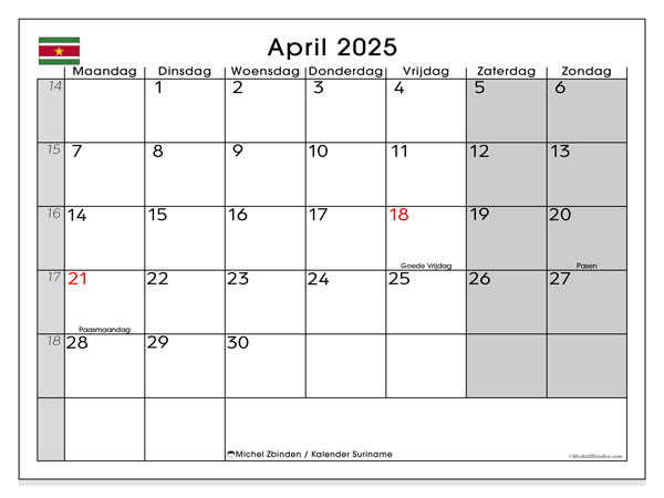 Kalenteri huhtikuu 2025, Suriname (NL). Ilmainen tulostettava ohjelma.