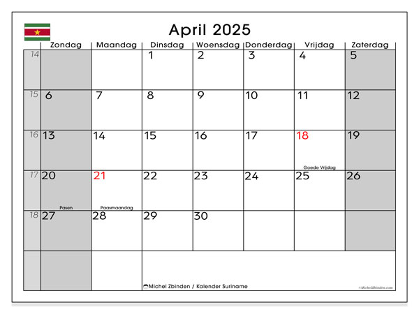Kalender april 2025 “Suriname”. Gratis printbaar schema.. Zondag tot zaterdag