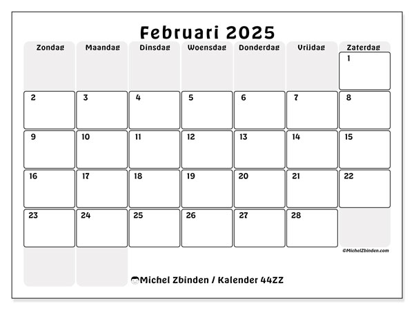 Kalender februari 2025, 44ZZ. Gratis printbare kaart.