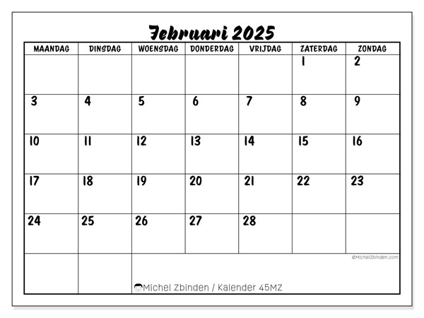 Kalender februari 2025, 45MZ. Gratis printbare kaart.