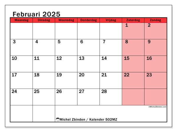 Kalender februari 2025, 502ZZ. Gratis printbare kaart.