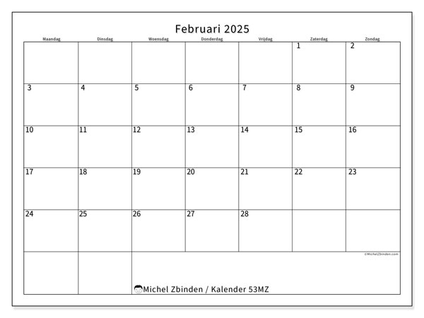 Kalender februari 2025, 53ZZ. Gratis printbare kaart.