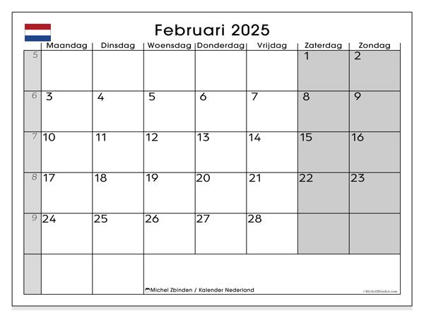 Kalenteri helmikuu 2025, Alankomaat (NL). Ilmainen tulostettava lehti.