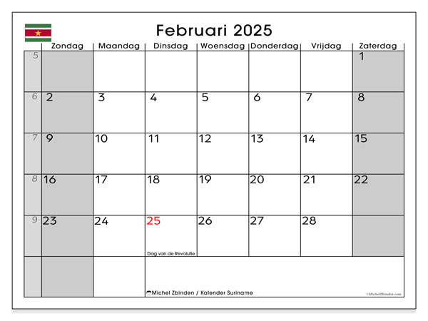 Kalender februari 2025 “Suriname”. Gratis printbaar schema.. Zondag tot zaterdag
