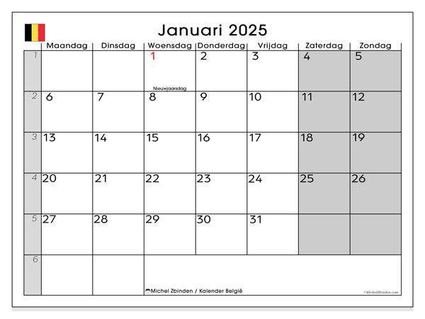 Kalender januari 2025, Belgien (NL). Gratis utskrivbart program.