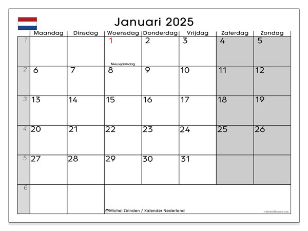Kalender januar 2025, Nederlandene (NL). Gratis program til print.