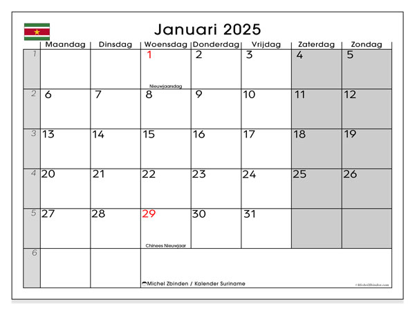 Kalender januari 2025, Surinam (NL). Gratis utskrivbart program.