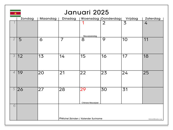 Kalender januari 2025 “Suriname”. Gratis af te drukken agenda.. Zondag tot zaterdag