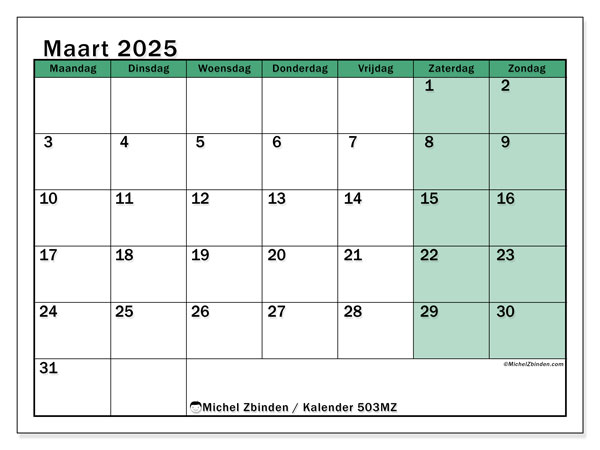 Kalender maart 2025, 503ZZ. Gratis printbare kaart.