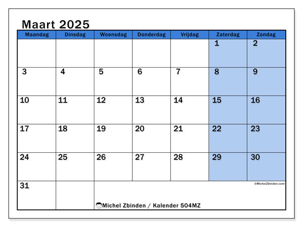 Kalender maart 2025, 504MZ. Gratis printbare kaart.