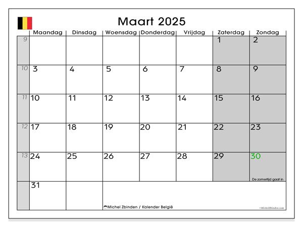 Kalender maart 2025 “België”. Gratis printbare kaart.. Maandag tot zondag
