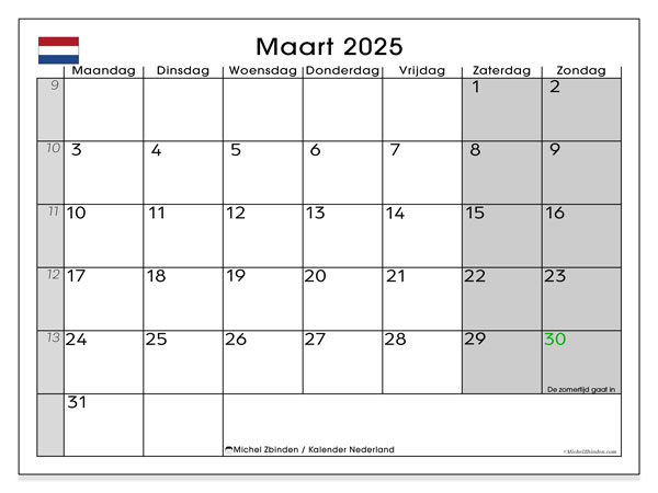 Kalenteri maaliskuu 2025, Alankomaat (NL). Ilmainen tulostettava ohjelma.