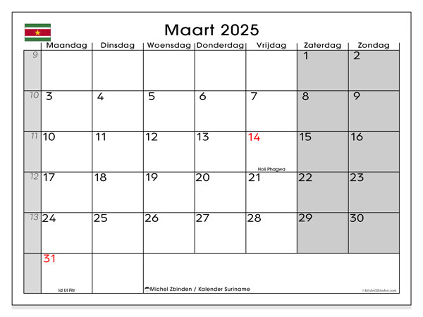 Kalenteri maaliskuu 2025, Suriname (NL). Ilmainen tulostettava ohjelma.