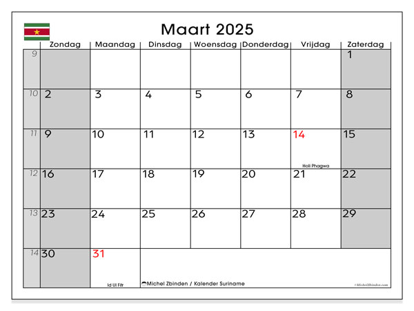 Kalender maart 2025 “Suriname”. Gratis printbaar schema.. Zondag tot zaterdag