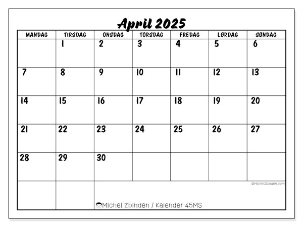 Kalender april 2025, 45SL. Gratis kalender for utskrift.