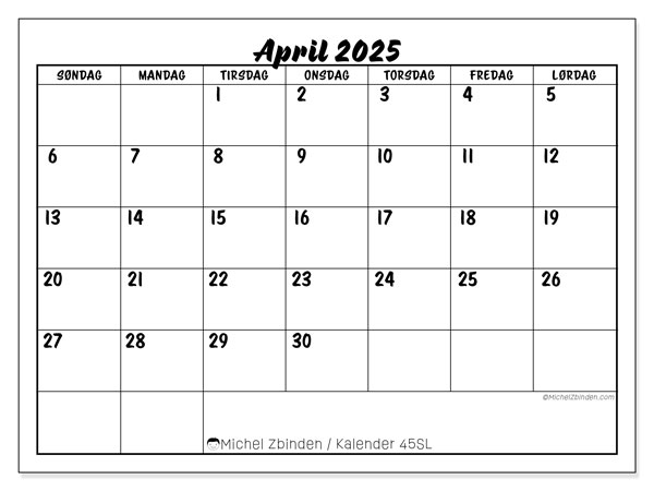 Kalender april 2025, 45SL. Gratis kalender for utskrift.