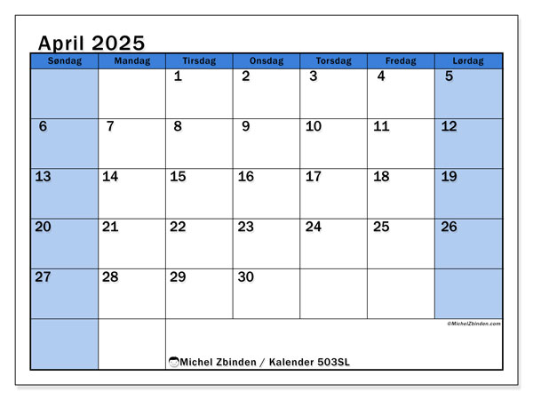 Kalender april 2025, 504SL. Gratis kalender for utskrift.