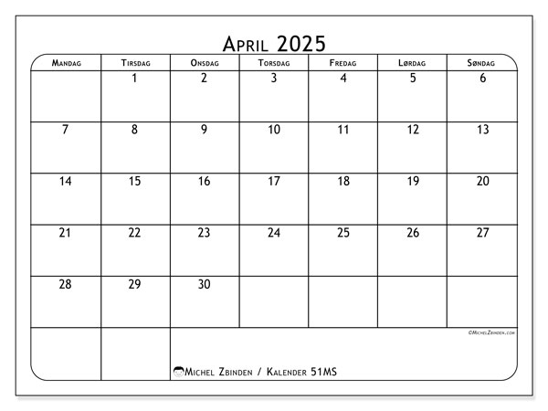 Kalender april 2025, 51SL. Gratis kalender for utskrift.