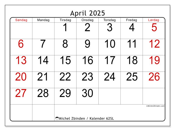 Kalender april 2025, 62SL. Gratis kalender for utskrift.