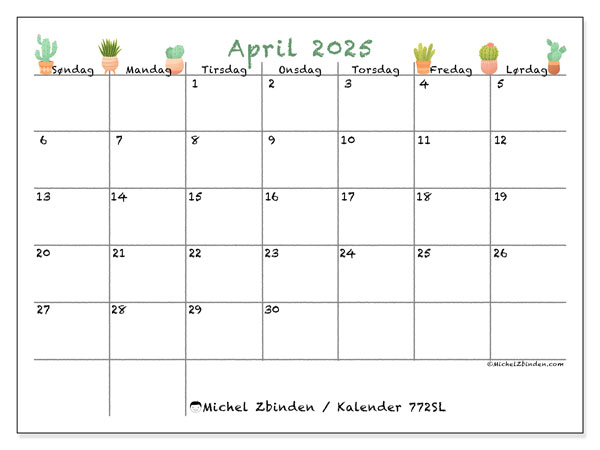 Kalender april 2025, 772SL. Gratis kalender for utskrift.