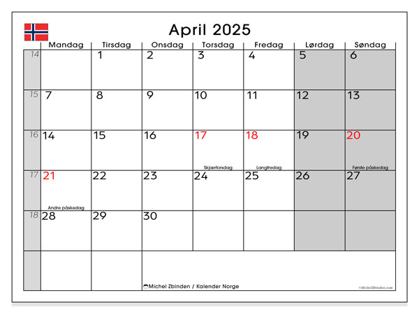 Kalenteri huhtikuu 2025, Norja (NO). Ilmainen tulostettava ohjelma.
