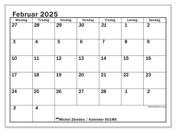 Kalender februar 2025, 501SL. Gratis plan for utskrift.