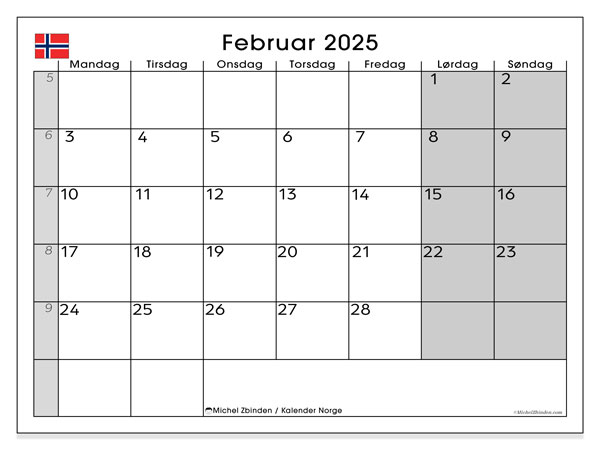 Kalendarz luty 2025, Norwegia (NO). Darmowy kalendarz do druku.