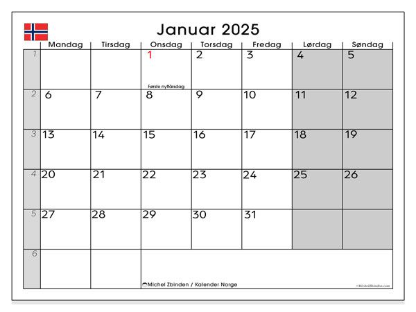 Kalender januar 2025 “Norge”. Gratis journal for utskrift.. Mandag til søndag