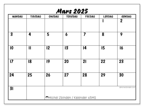 Kalender mars 2025, 45MS. Gratis journal for utskrift.