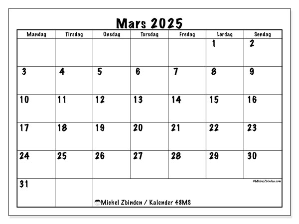 Kalender mars 2025, 48MS. Gratis journal for utskrift.