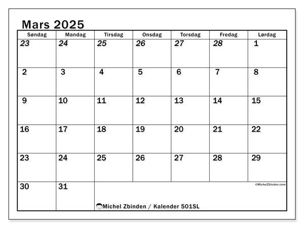 Kalender mars 2025, 501SL. Gratis journal for utskrift.