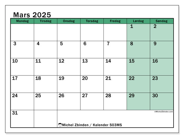 Kalender mars 2025, 503SL. Gratis journal for utskrift.