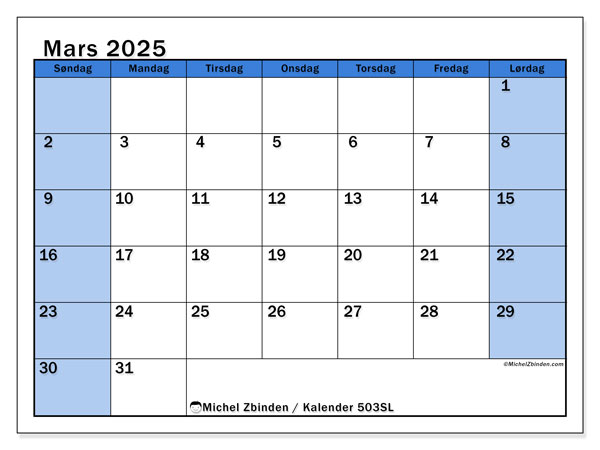 Kalender mars 2025, 504SL. Gratis journal for utskrift.