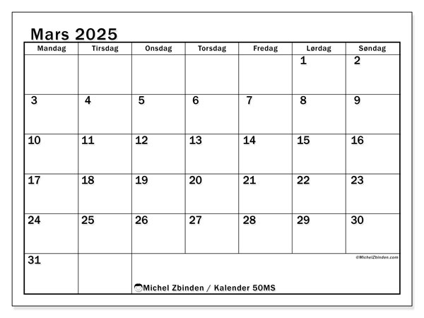 Kalender mars 2025, 50MS. Gratis journal for utskrift.