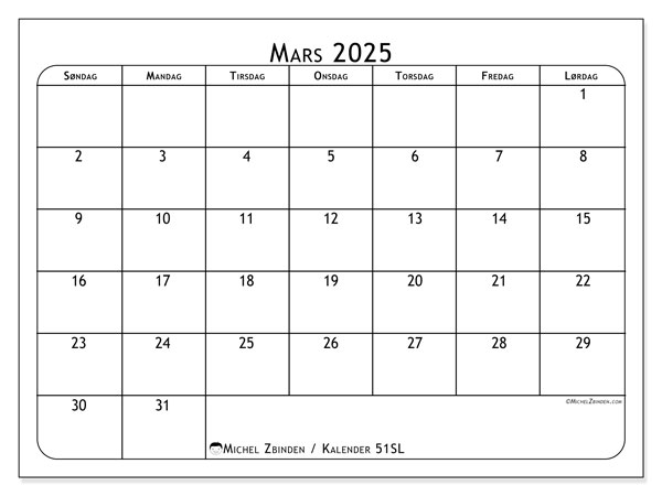 Kalender mars 2025, 51SL. Gratis journal for utskrift.
